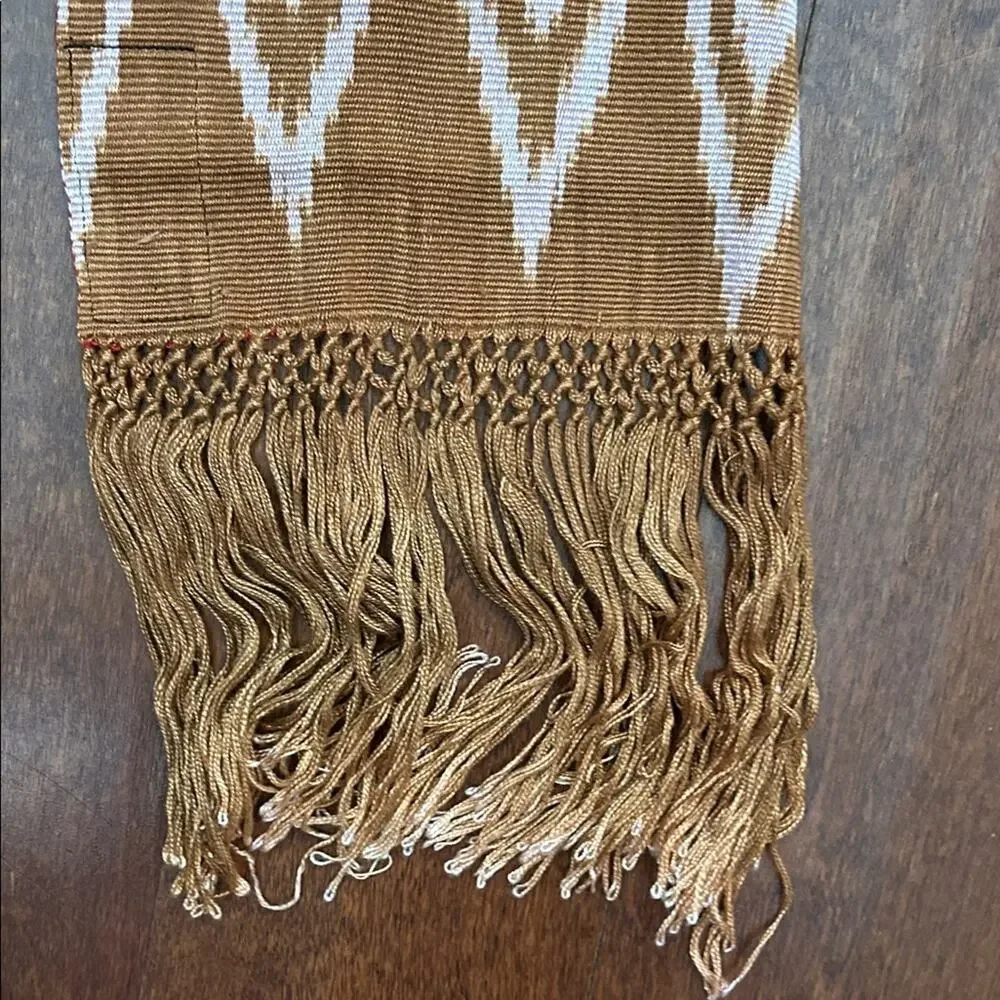 Chic Handmade Tan and Pink Ikat Patterned Scarf with Fringed Ends From Ecuador
